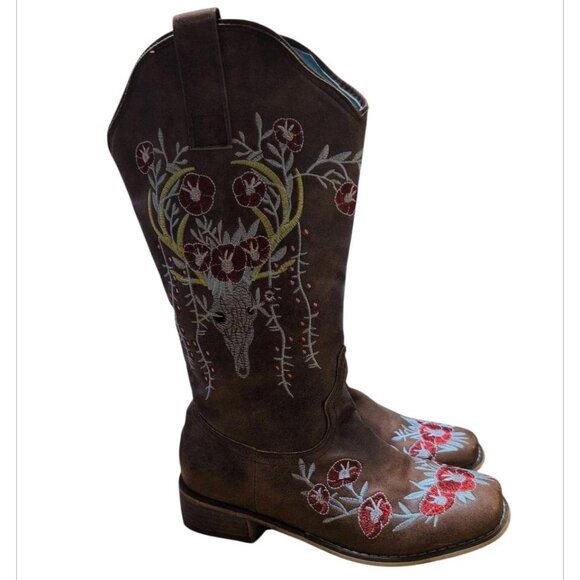 Cowgirl Boots Brown Embroidered Floral Leather Western Style Boots 1.5 heel - Picture 2 of 5